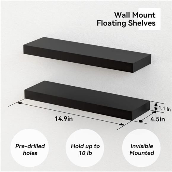 Black Floating Shelves Set of 2, Mounted Modern Hanging Shelves for Wall Decor - Picture 11 of 16